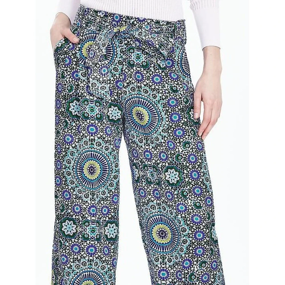 Banana Republic Womens Boho Resort Wide Leg Linen Blend Pants Size 6 Blue Belted